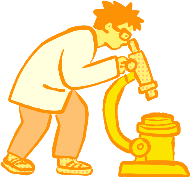 Cartoon illustration of a researcher (Antonio Bautista) using a microscope, representing marketing analysis and experimentation.