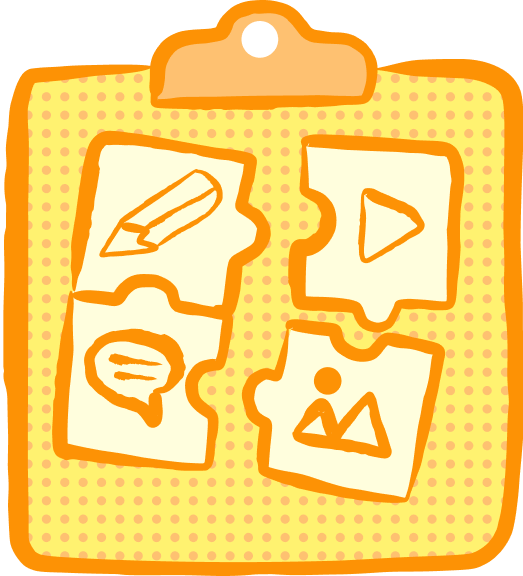 Playful clipboard illustration symbolizing content strategy and multimedia creation, with puzzle pieces for text, video, social, and visual content.