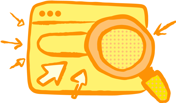 Illustration of a web browser and magnifying glass representing SEO optimization and website search visibility.