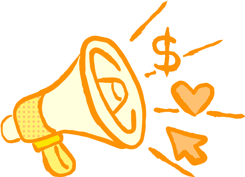 Playful megaphone illustration symbolizing digital marketing—ads driving clicks, engagement, and revenue.