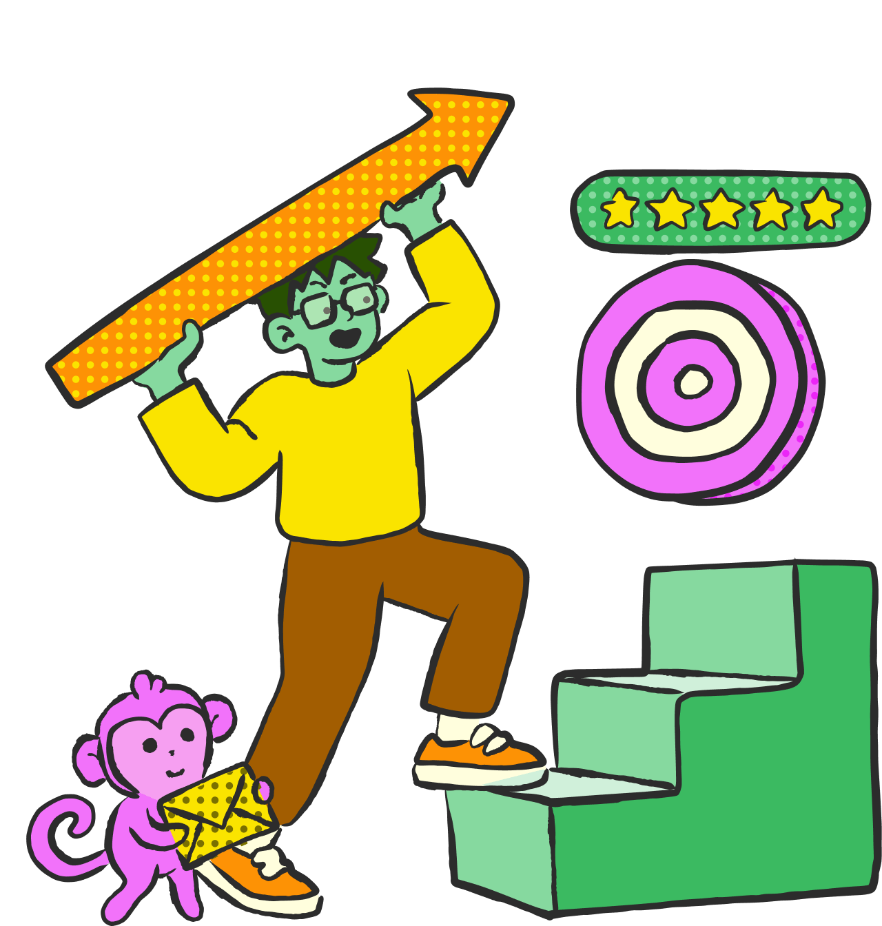 Playful illustration representing marketing growth and success, with a character (Antonio Bautista) climbing toward goals holding an arrow and five-star ratings.