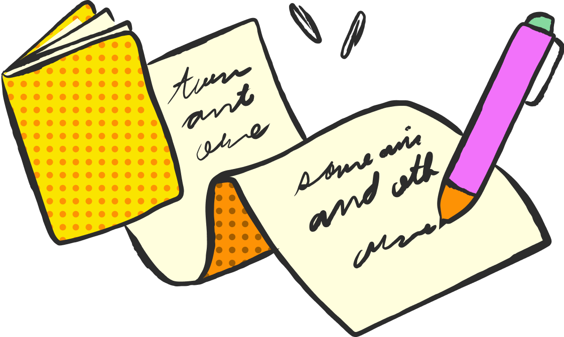 Illustration of writing and note-taking with a notebook and pencil, symbolizing creativity and storytelling.