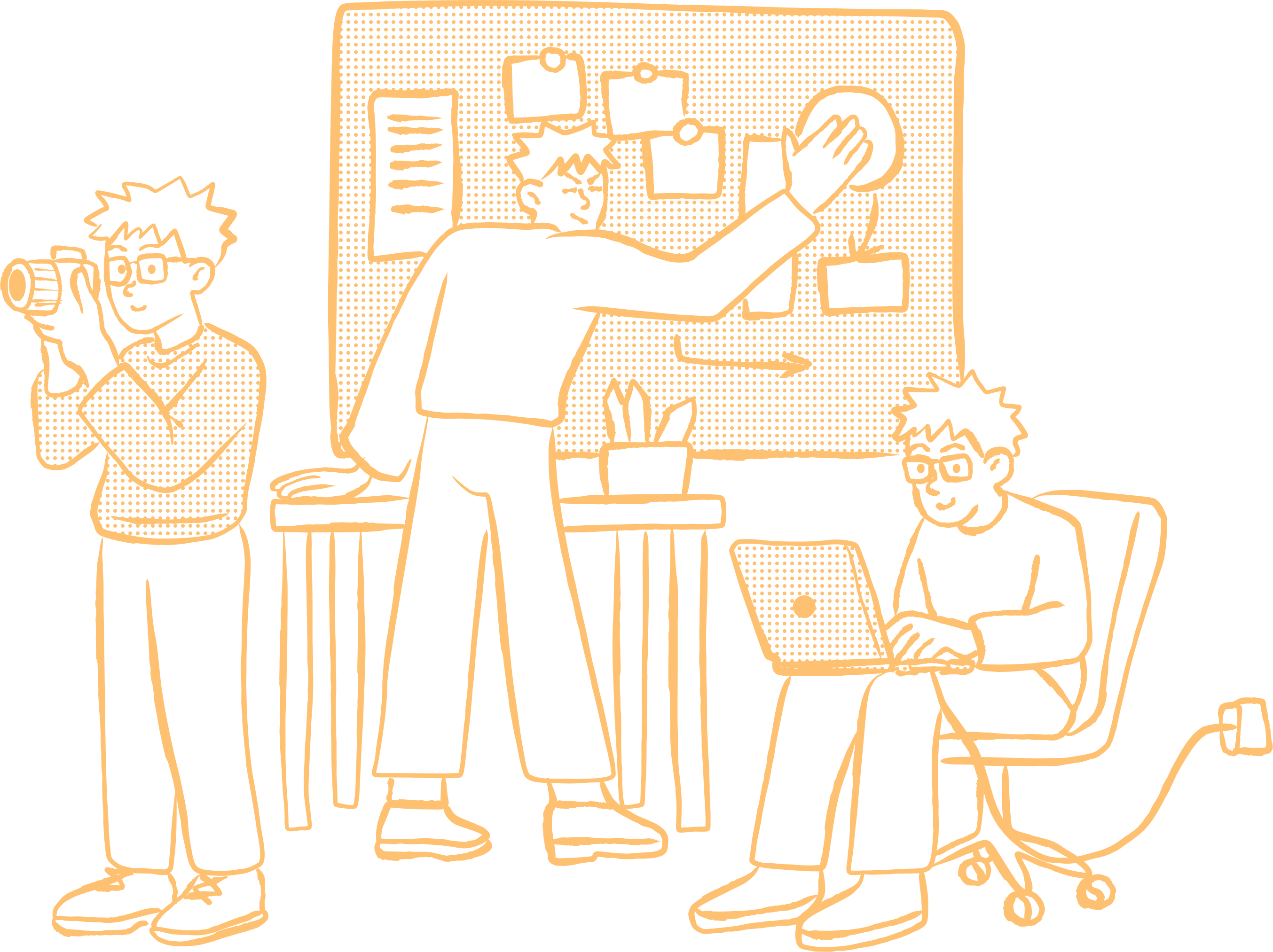 Teamwork illustration of creative professionals (Antonio Bautista, cloned two times) collaborating in a workspace, representing planning and content production.