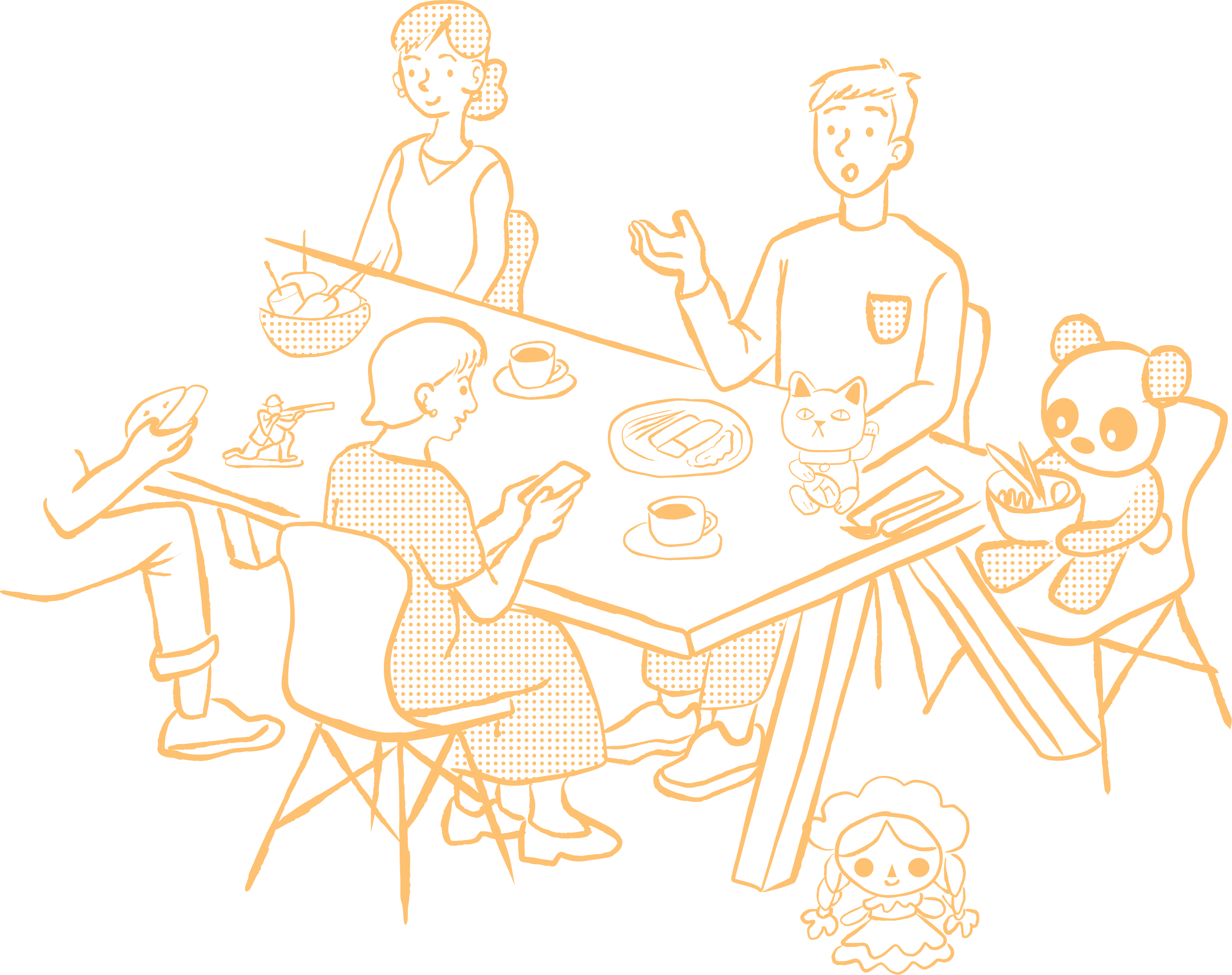 Warm illustration of friends at a café table sharing ideas and coffee..