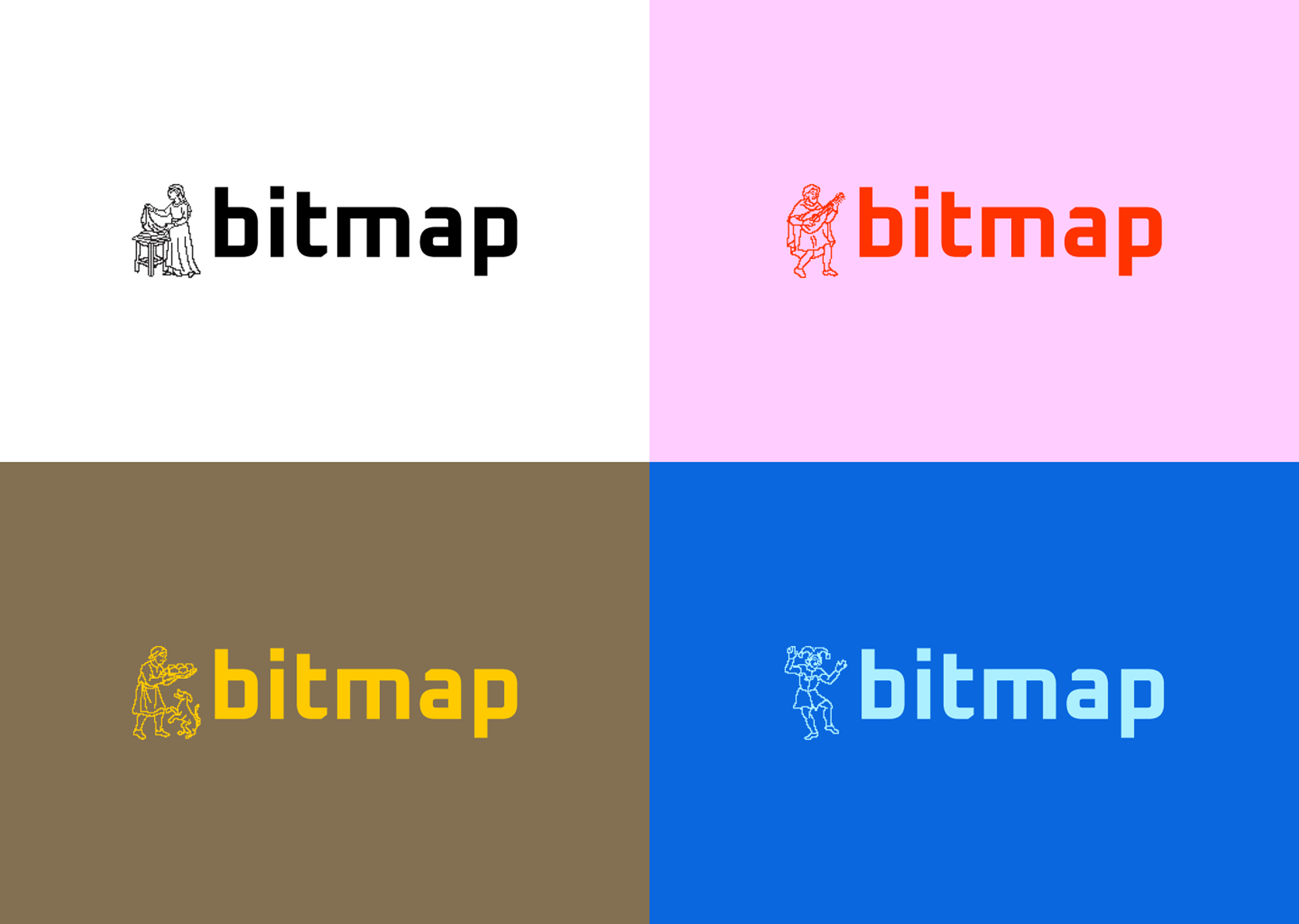 Four variations of the Bitmap Café logo shown in different color combinations. Each version features a medieval-style character beside the word “bitmap” in a geometric font—black on white, red on pink, yellow on brown, and light blue on royal blue.
