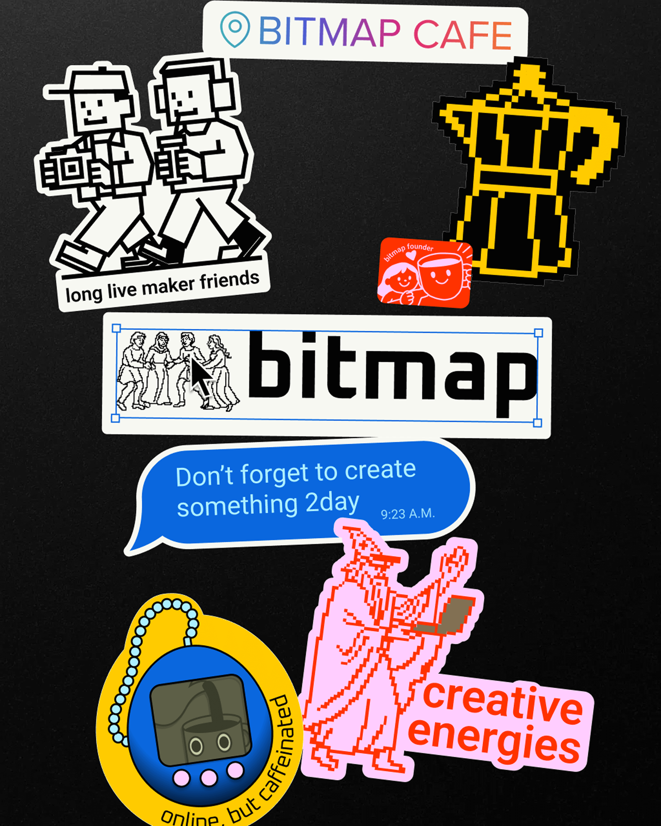 A collection of Bitmap Café sticker designs on a black background, including pixel-art characters, a wizard holding a laptop, speech bubbles, and the Bitmap logo. Stickers read phrases like “creative energies,” “online, but caffeinated,” and “long live maker friends.