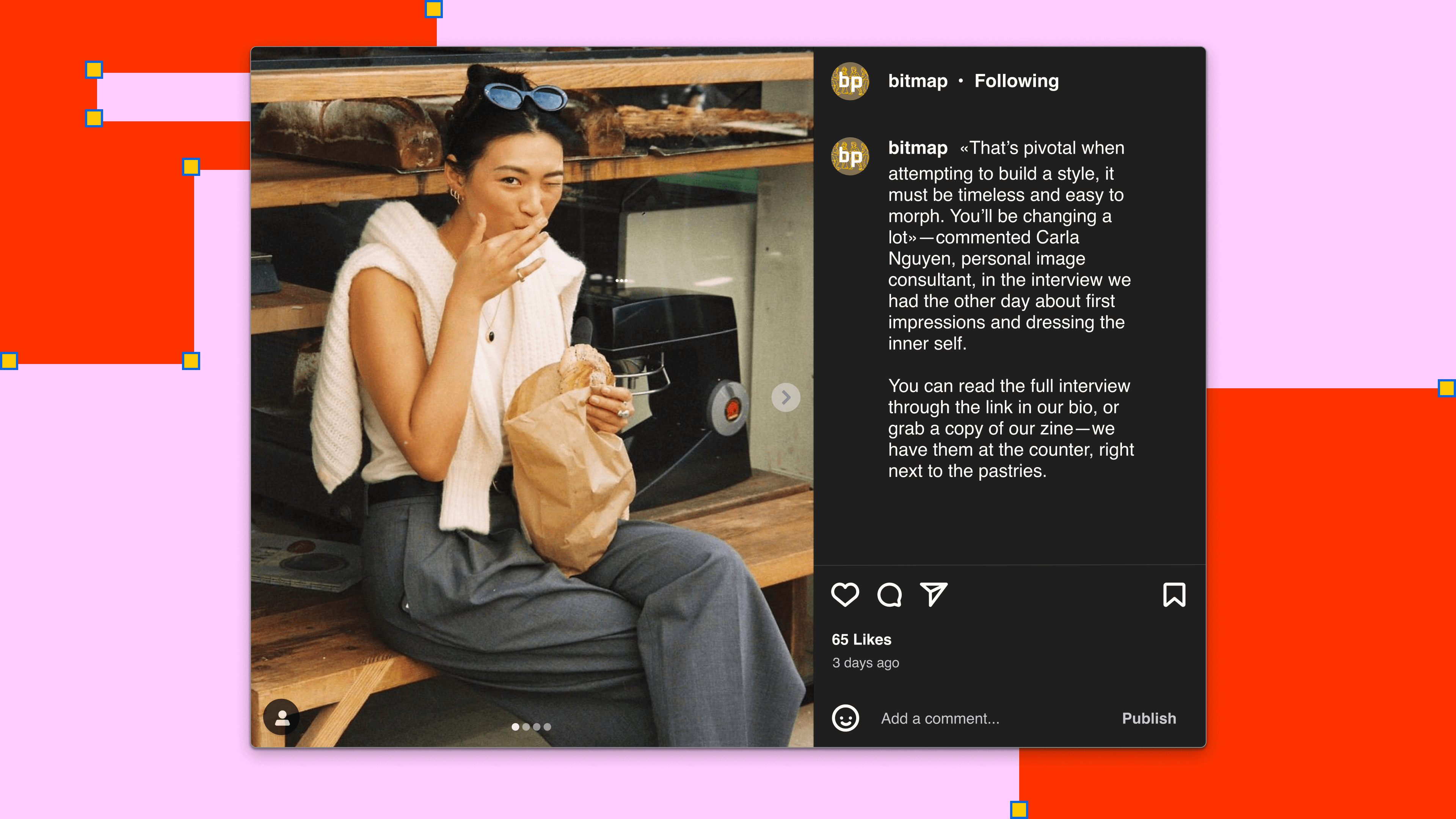 An Instagram post showing a young woman sitting outside Bitmap Café, smiling while holding a paper bag of pastries. The caption includes a quote about personal style and mentions Bitmap Café’s zine and interviews.