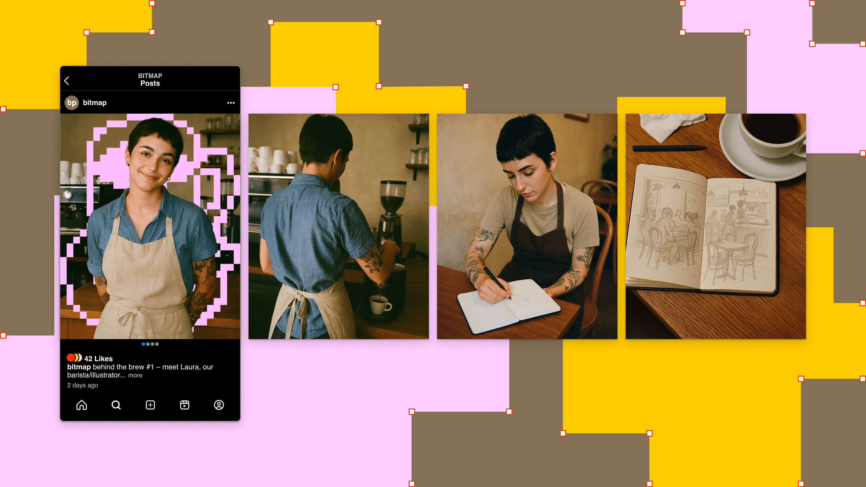 A demonstration image for an Instagram photo-carousel showing four images of a barista named Laura. She stands smiling in the café, brews coffee, sketches in a notebook, and displays a drawing of the café interior. The background features Bitmap’s yellow, brown, and pink brand colors.