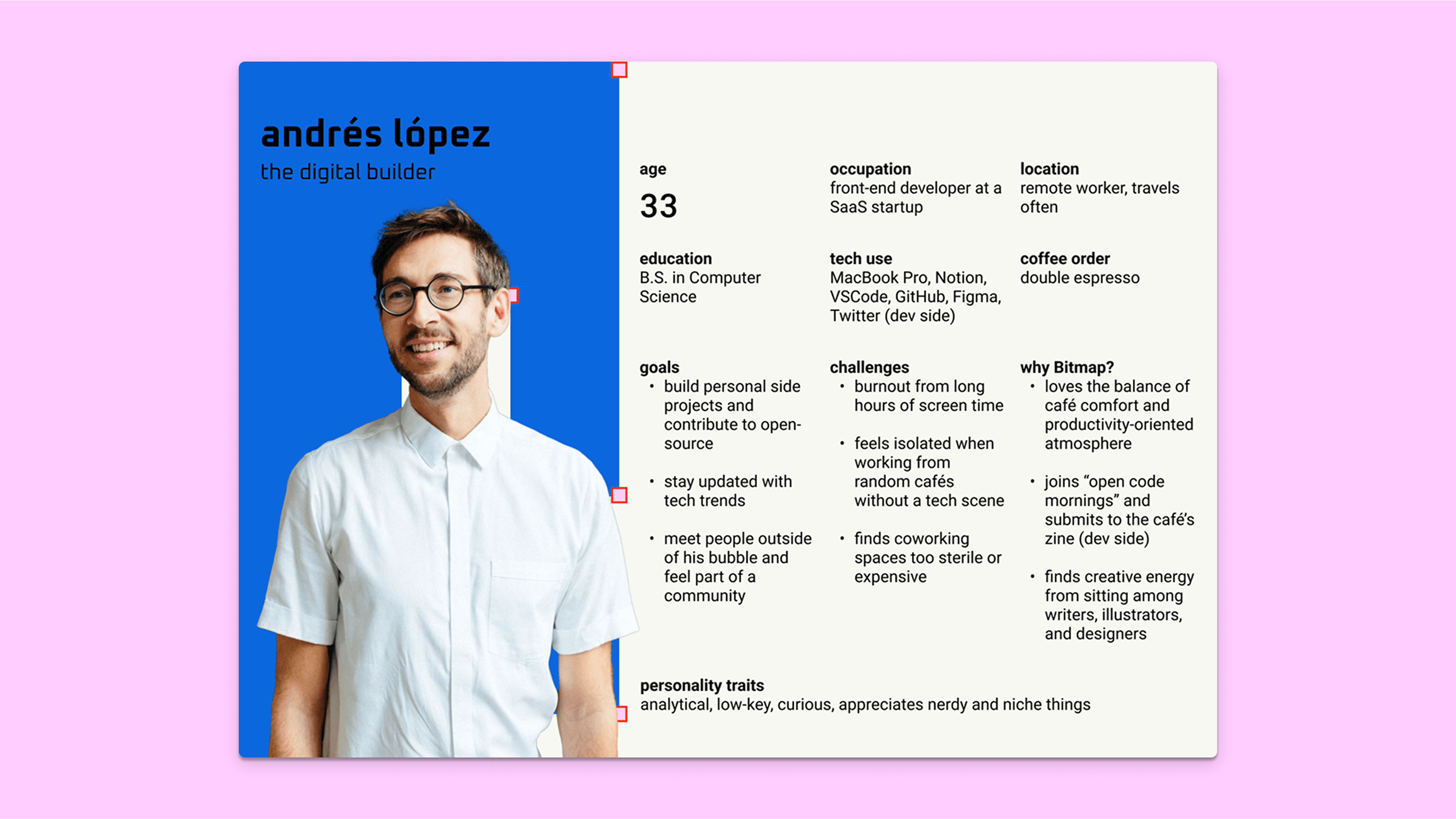 A brand persona card featuring Andrés López, a smiling man with glasses wearing a white shirt. The panel lists details such as his age, occupation as a front-end developer, goals, challenges, and why he visits Bitmap Café for community and creative energy.
