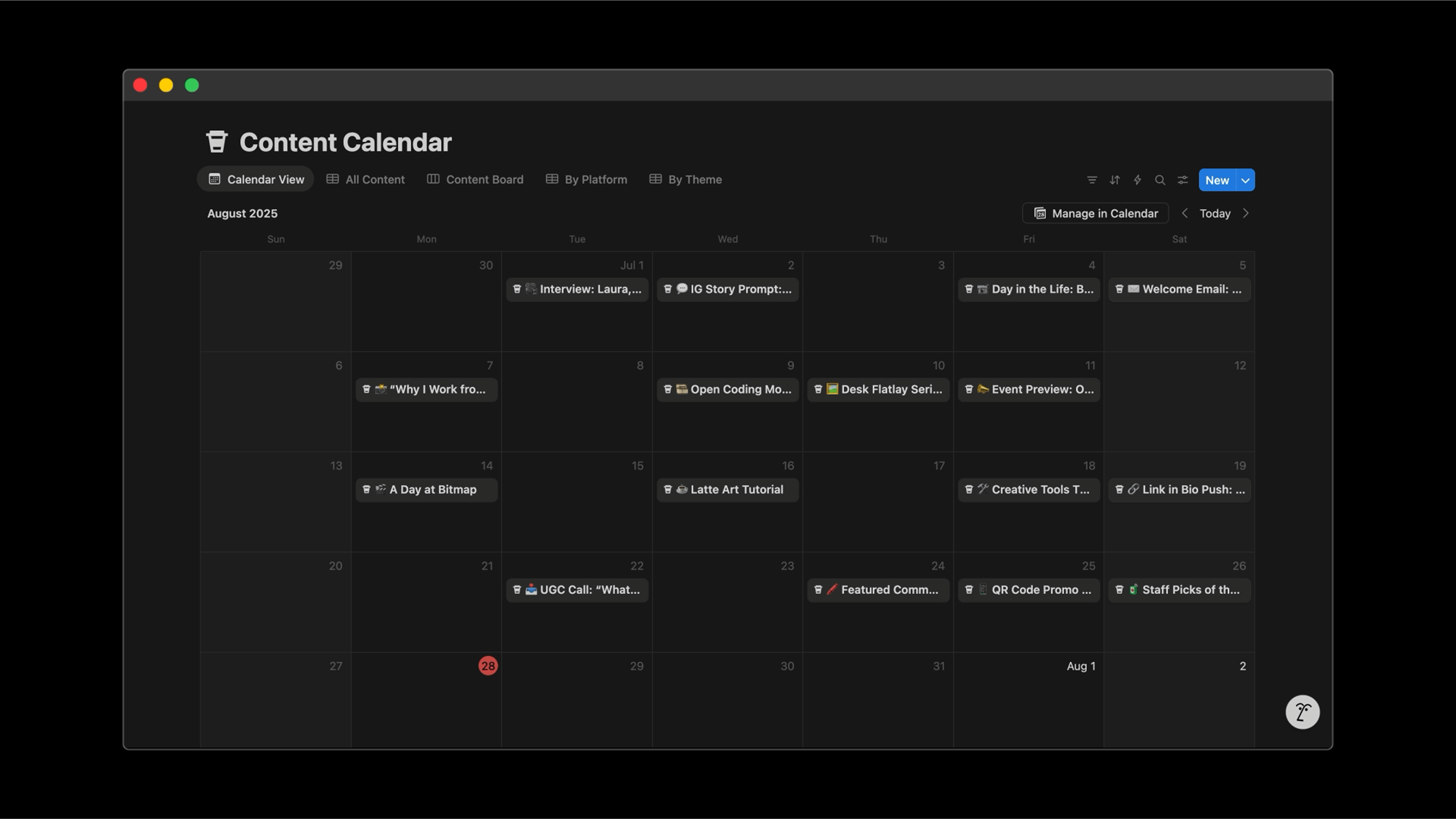 A Notion interface displaying Bitmap Café’s August content calendar in dark mode. The calendar includes labeled entries for posts like “Open Coding Morning,” “Latte Art Tutorial,” and “UGC Call.”