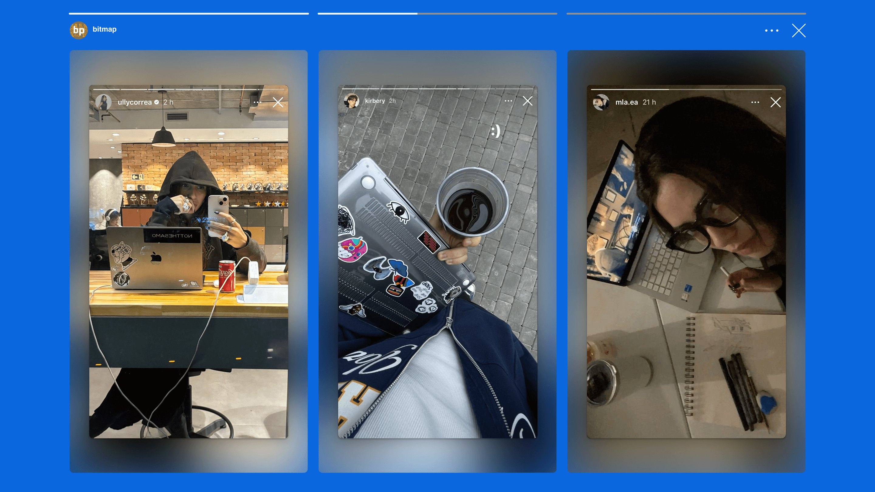 Three vertical photos from Bitmap’s Instagram Stories showing laptop workstations. One person in a hoodie holds a drink, another holds coffee over a sticker-covered laptop, and a third sketches beside a computer.