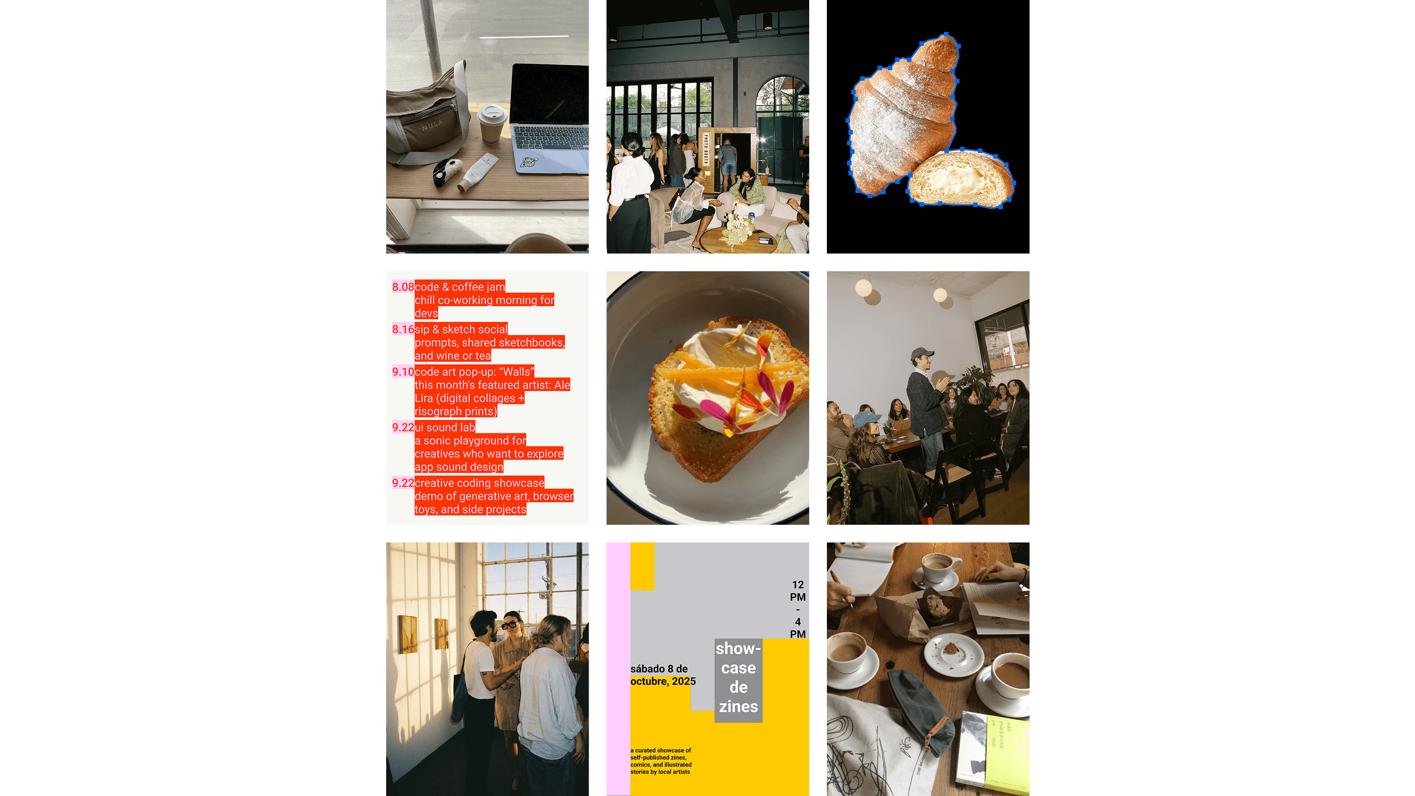 A nine-tile Instagram feed layout showing café scenes, pastries, creative events, and typography posts. Includes croissants, coding meetups, sketching sessions, and a yellow poster titled “Showcase de Zines.”