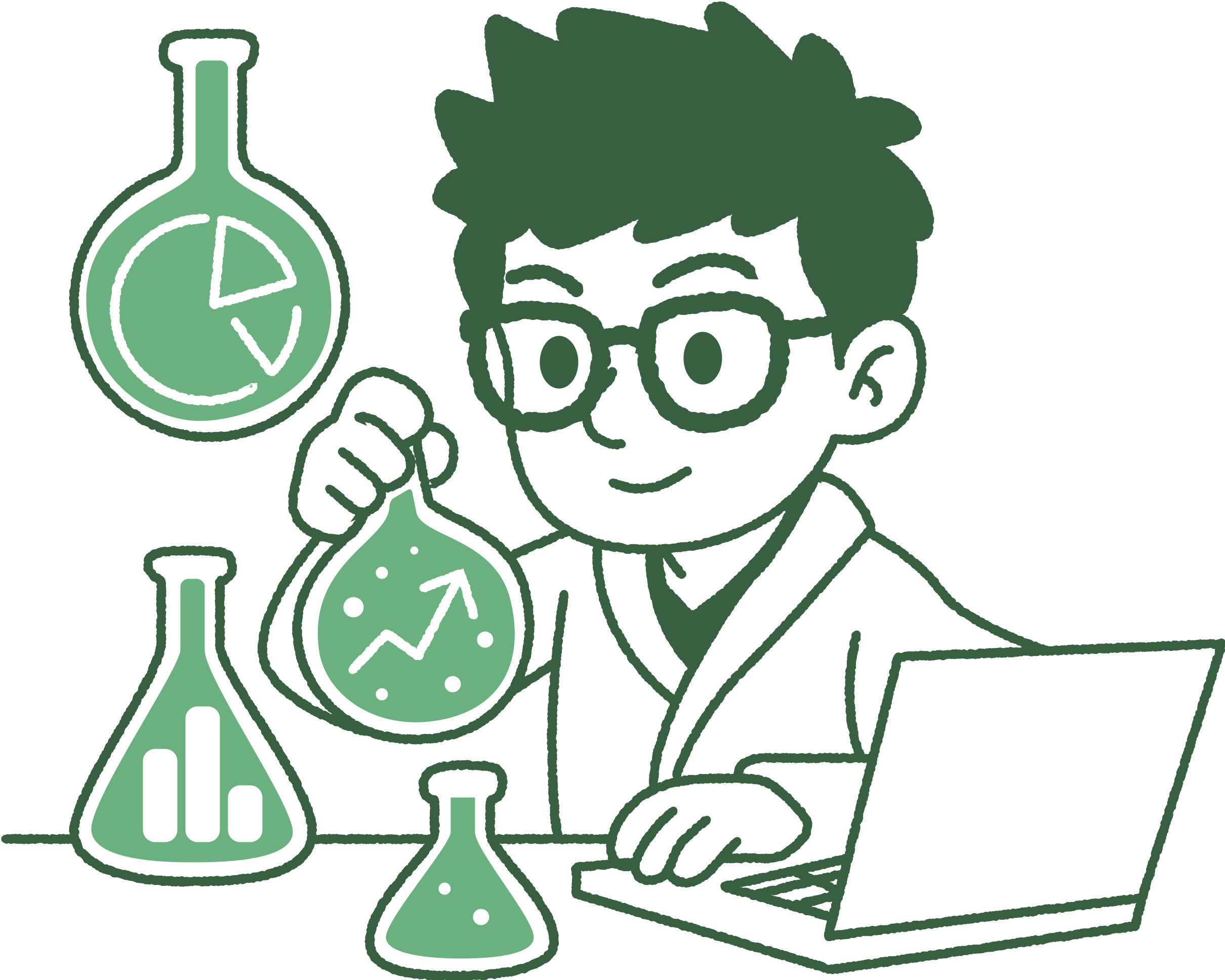 Creative illustration of a marketer (Antonio Bautista) as a scientist experimenting with data and growth strategies.