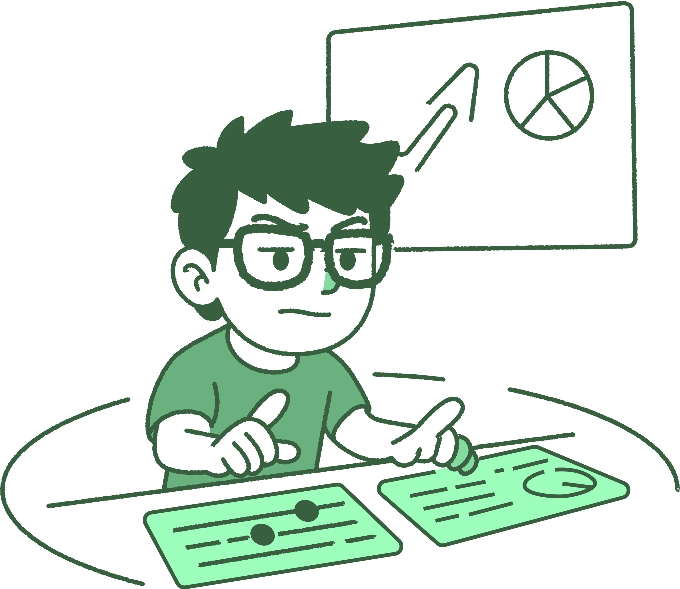 Green monochrome illustration of a marketer (Antonio Bautista) analyzing charts and metrics, symbolizing data-driven strategy.