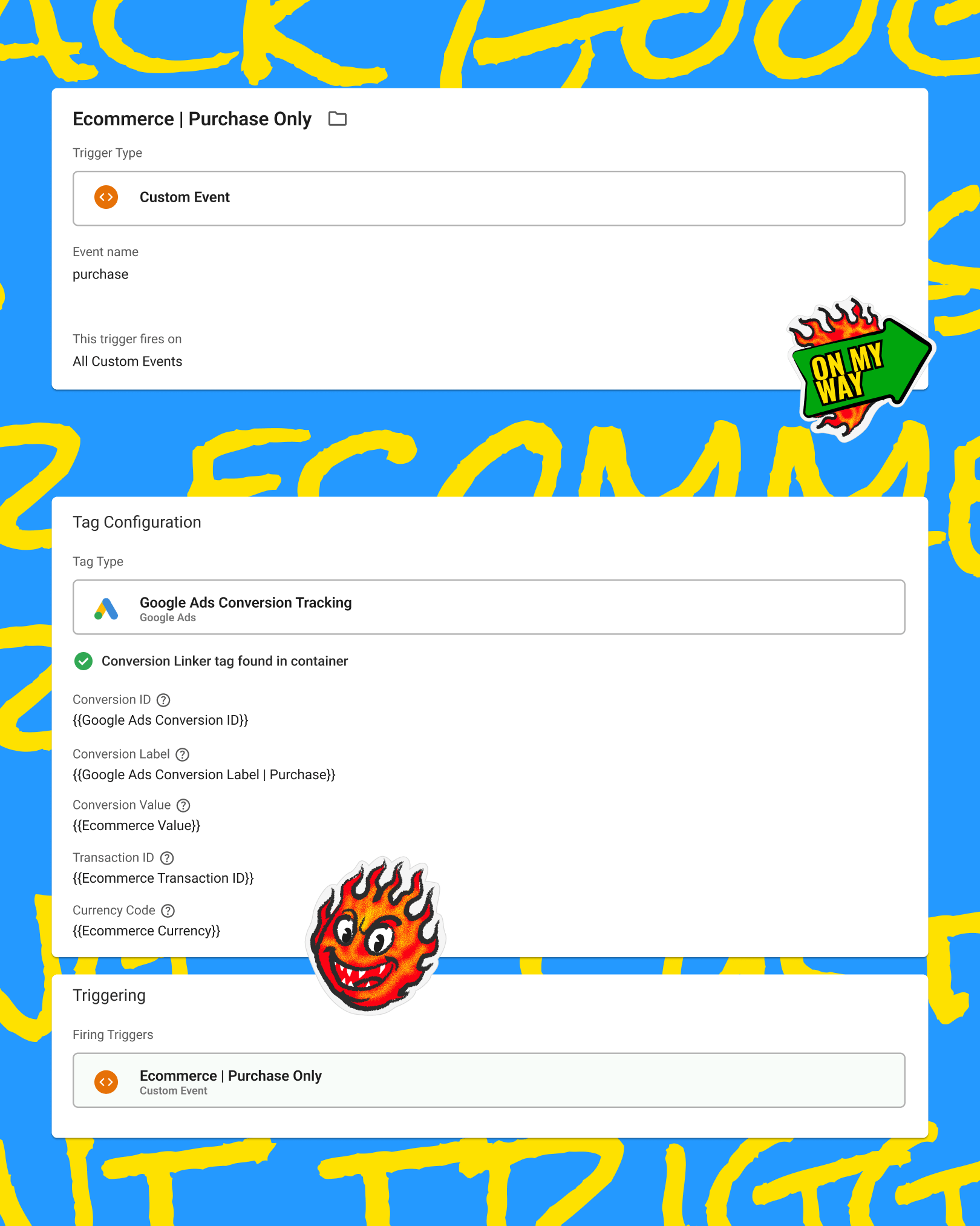 Screenshot of a Google Tag Manager configuration for “Ecommerce | Purchase Only.” It sets up a custom event named “purchase” for Google Ads Conversion Tracking, including conversion ID, label, value, and currency variables. Background features yellow handwritten text and sticker-style graphics of a flame face and an arrow reading “On My Way.”