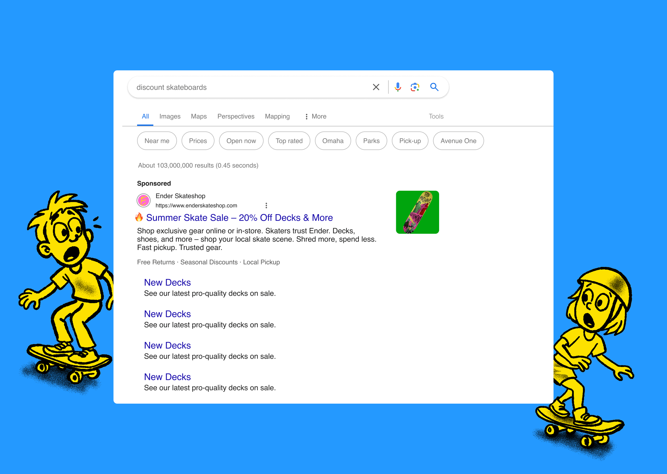 Mock Google search results page showing an ad for “Ender Skateshop – Summer Skate Sale 20 % Off Decks & More.” Background features yellow cartoon skateboarders against a blue screen.