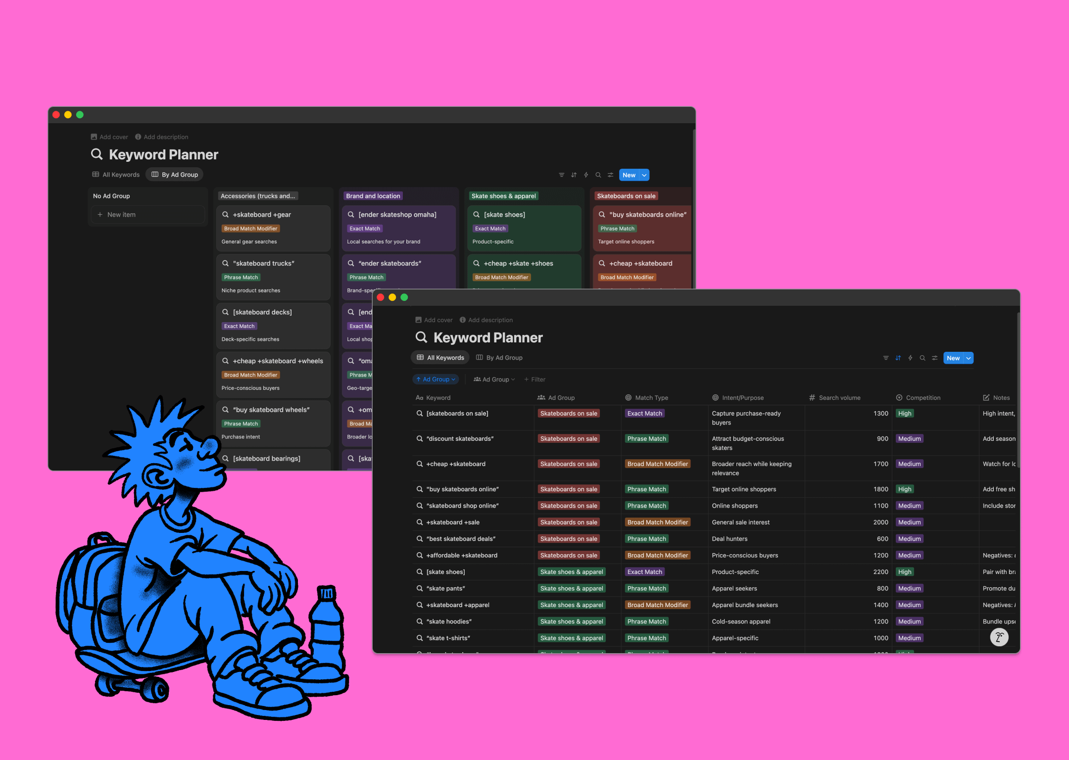 Mockup of a keyword research dashboard for Ender Skateshop, shown on a bright pink background with a blue skater illustration sitting beside two browser windows labeled Keyword Planner.