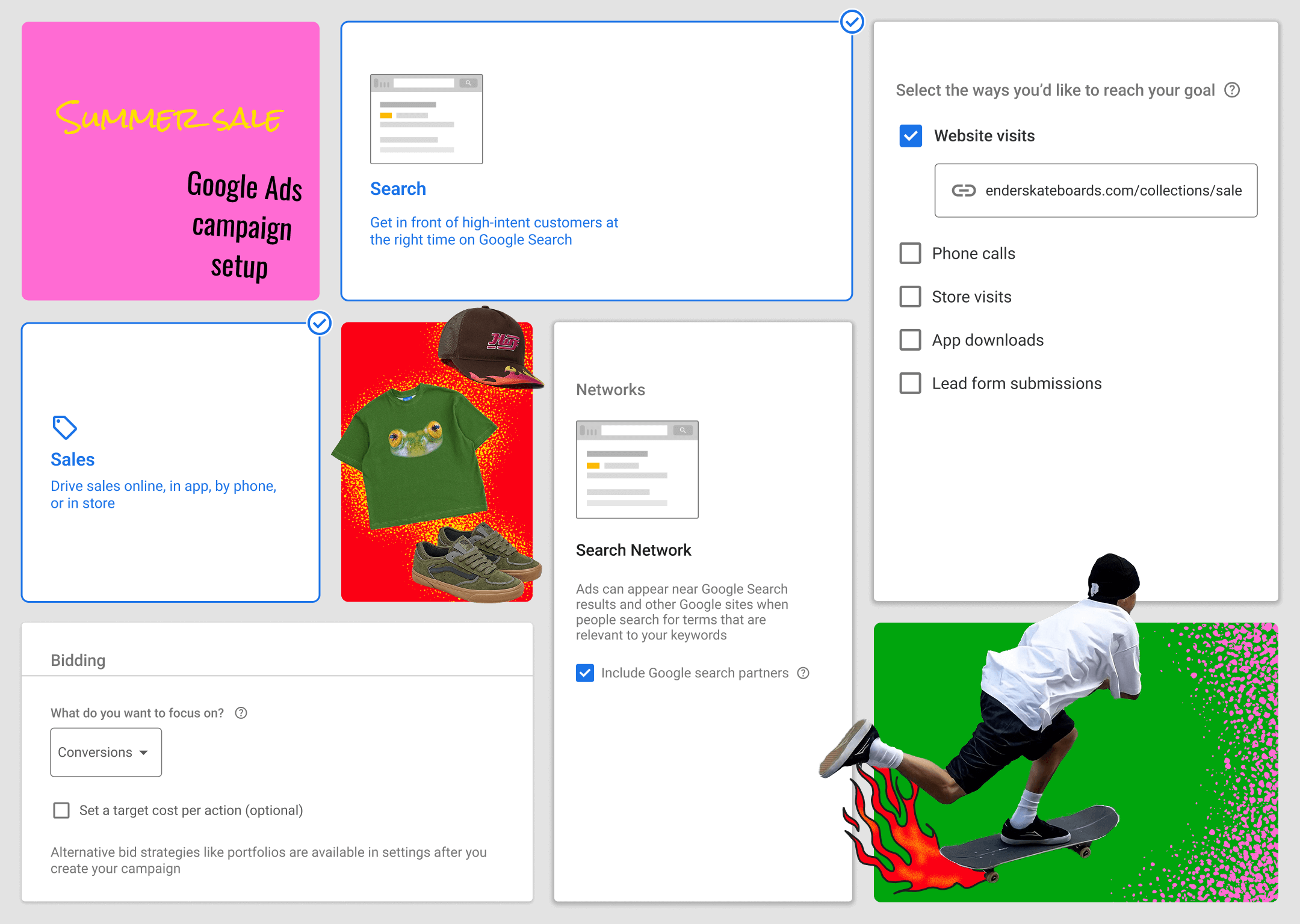 Screenshot of a Google Ads campaign setup screen for a “Summer Sale.” The selected goal is website visits, linked to enderskateboards.com. Options for search, sales, and bidding appear beside images of skate shoes, shirts, and a skateboarder illustration on a bright pink and green background.