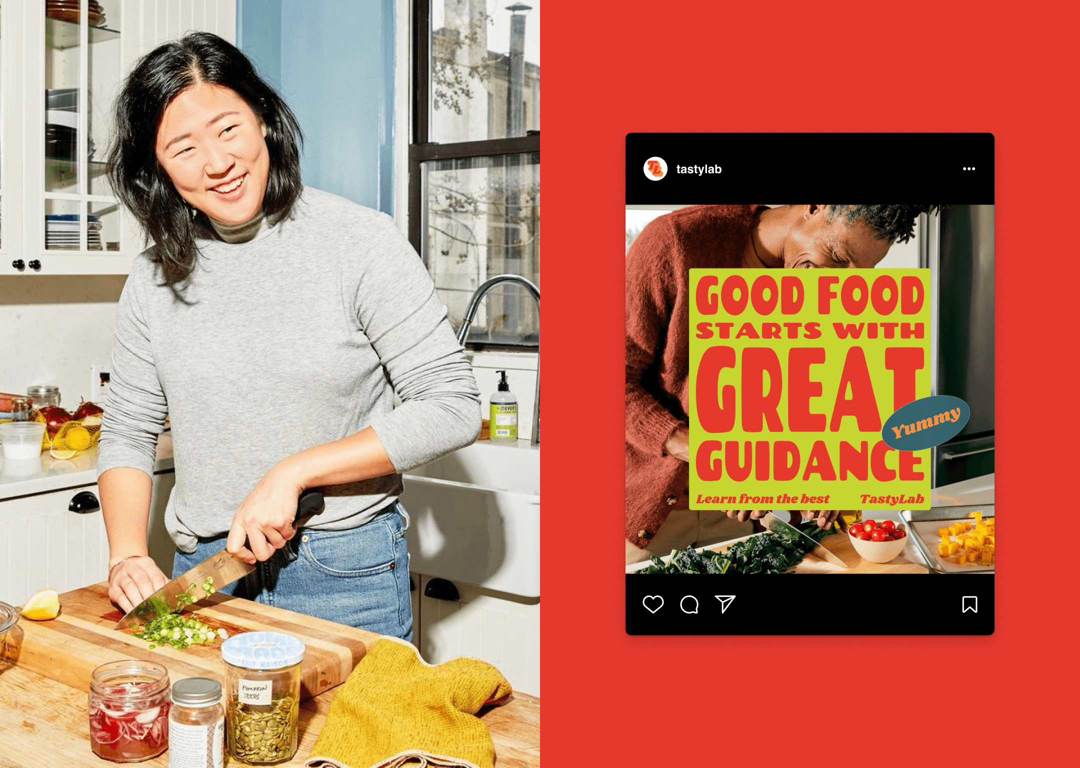 Cooking instructor preparing ingredients in a kitchen next to a TastyLab social media post promoting online cooking classes.