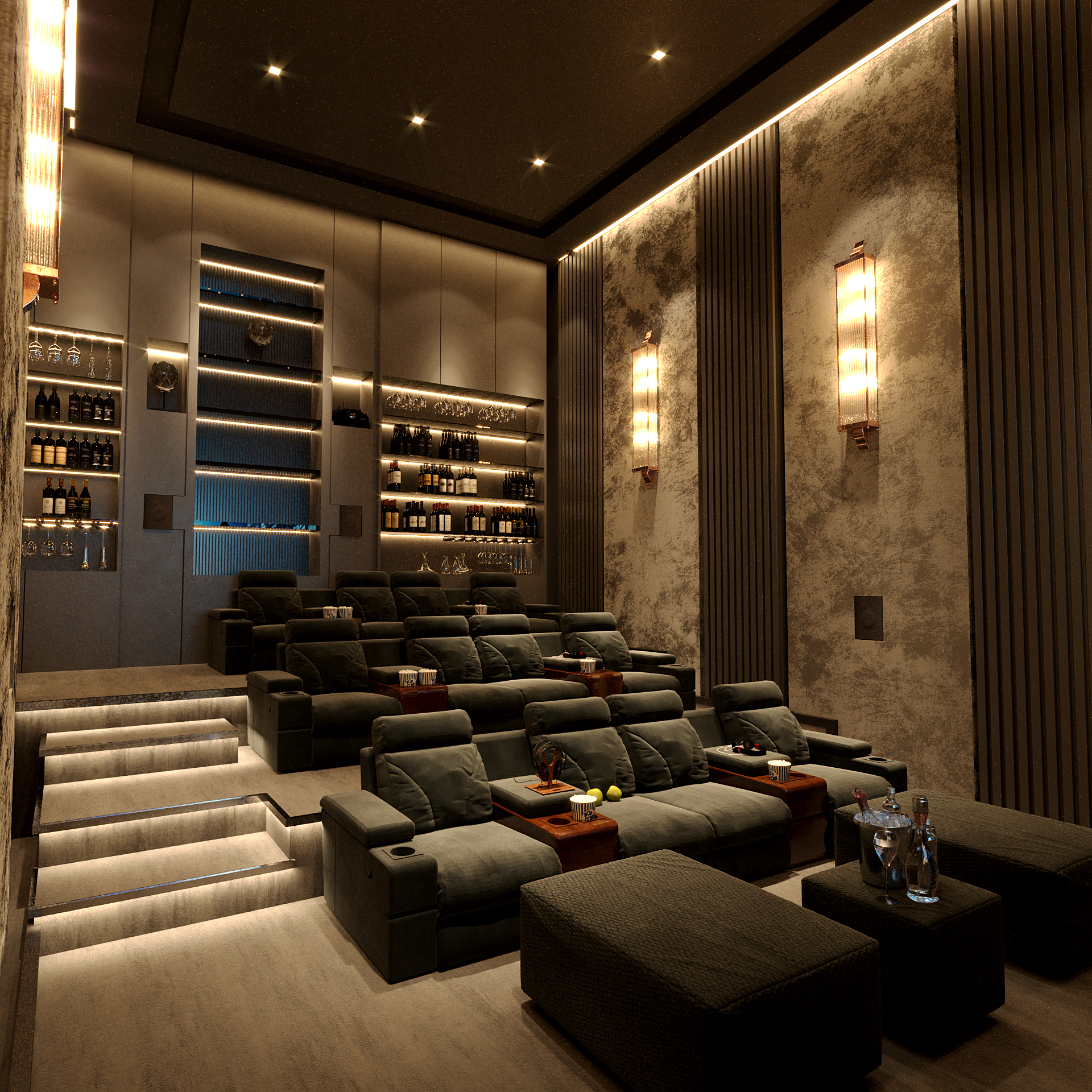 سالن سینمای خانگی لوکس با صندلی‌های ردیفی خاکستری نرم، قفسه‌های شراب و نورپردازی گرم روی دیوارها.
