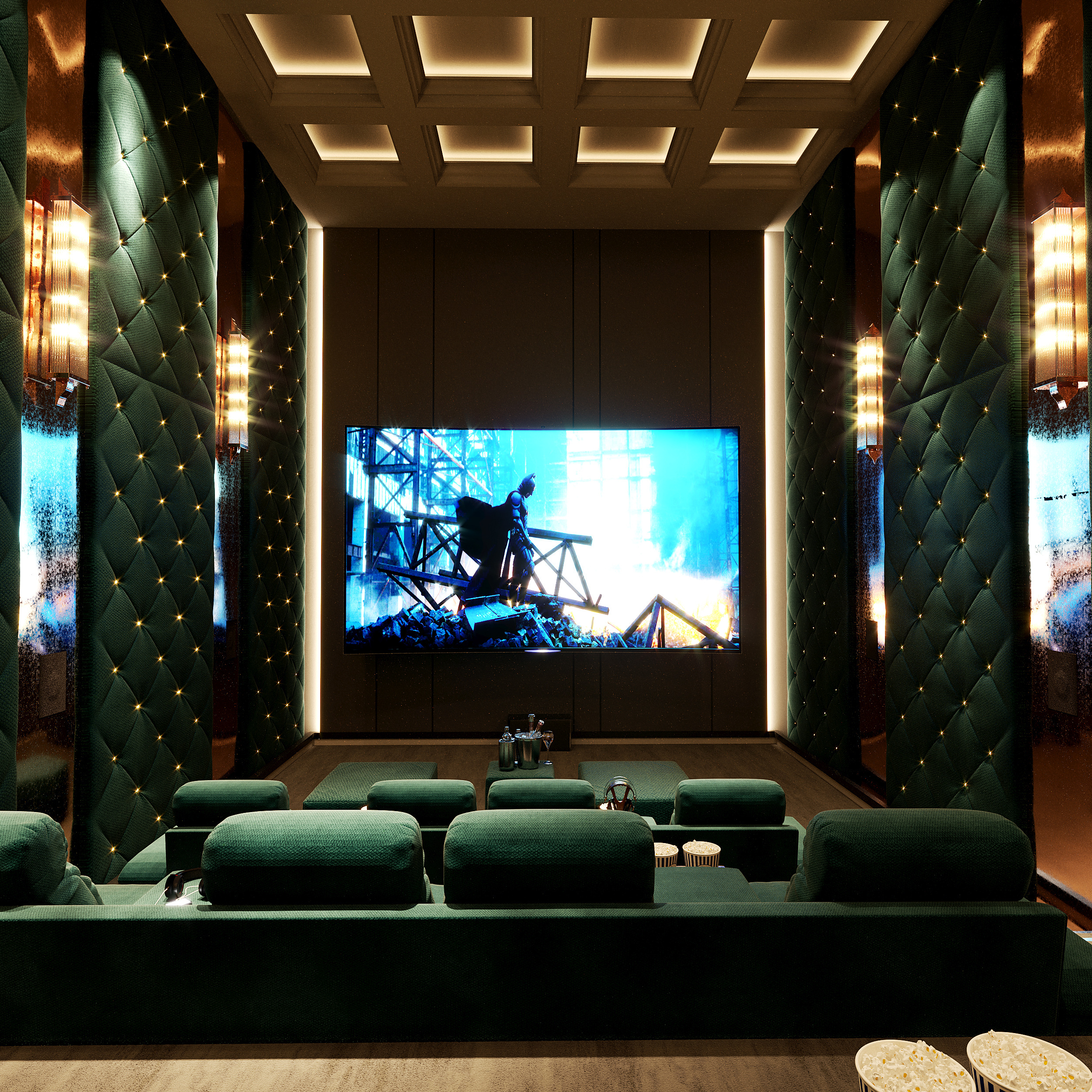 اتاق سینمای خصوصی با صندلی‌های سبز مخملی، دیوارهای لمسه‌کاری، و تلویزیون بزرگ نمایش فیلم ابرقهرمانی.