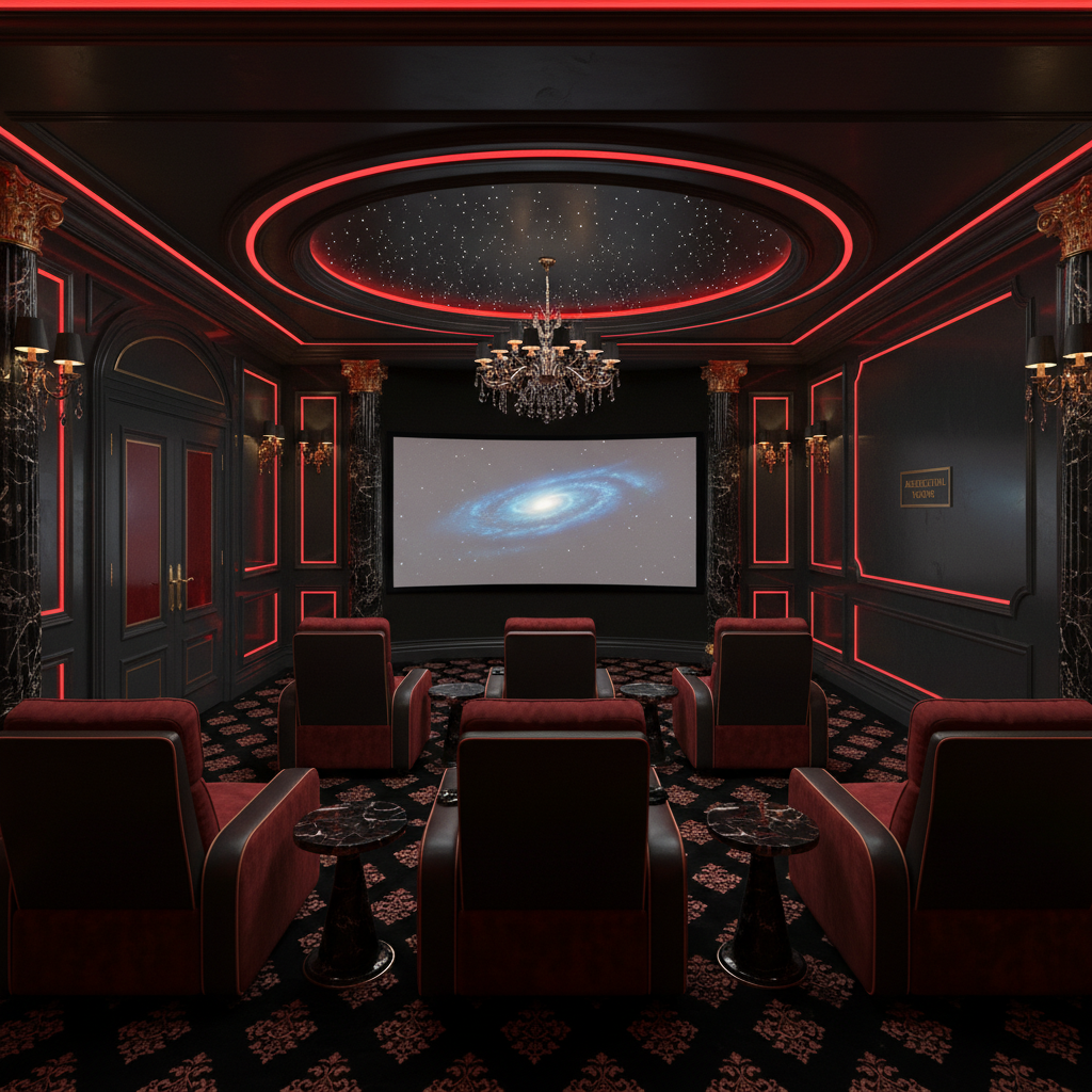 سینمای خانگی لوکس با صندلی‌های مخمل قرمز، میزهای کوچک مشکی، چراغ لوستر و صفحه نمایش با تصویر کهکشان.
