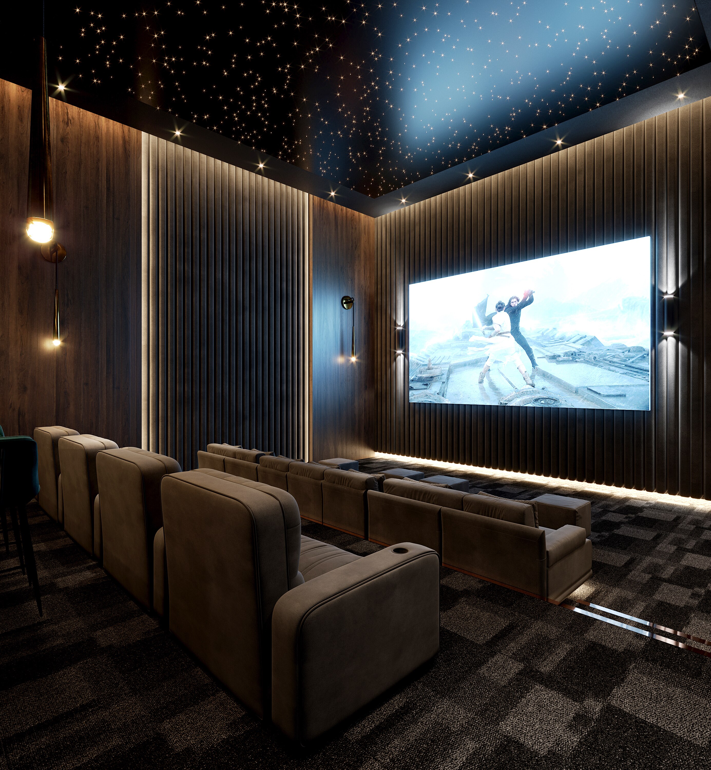 سینمای خانگی شیک با صندلی‌های مخملی خاکستری، دیوارهای چوبی با نورپردازی مخفی و سقف با چراغ‌های کوچک شبیه ستاره.