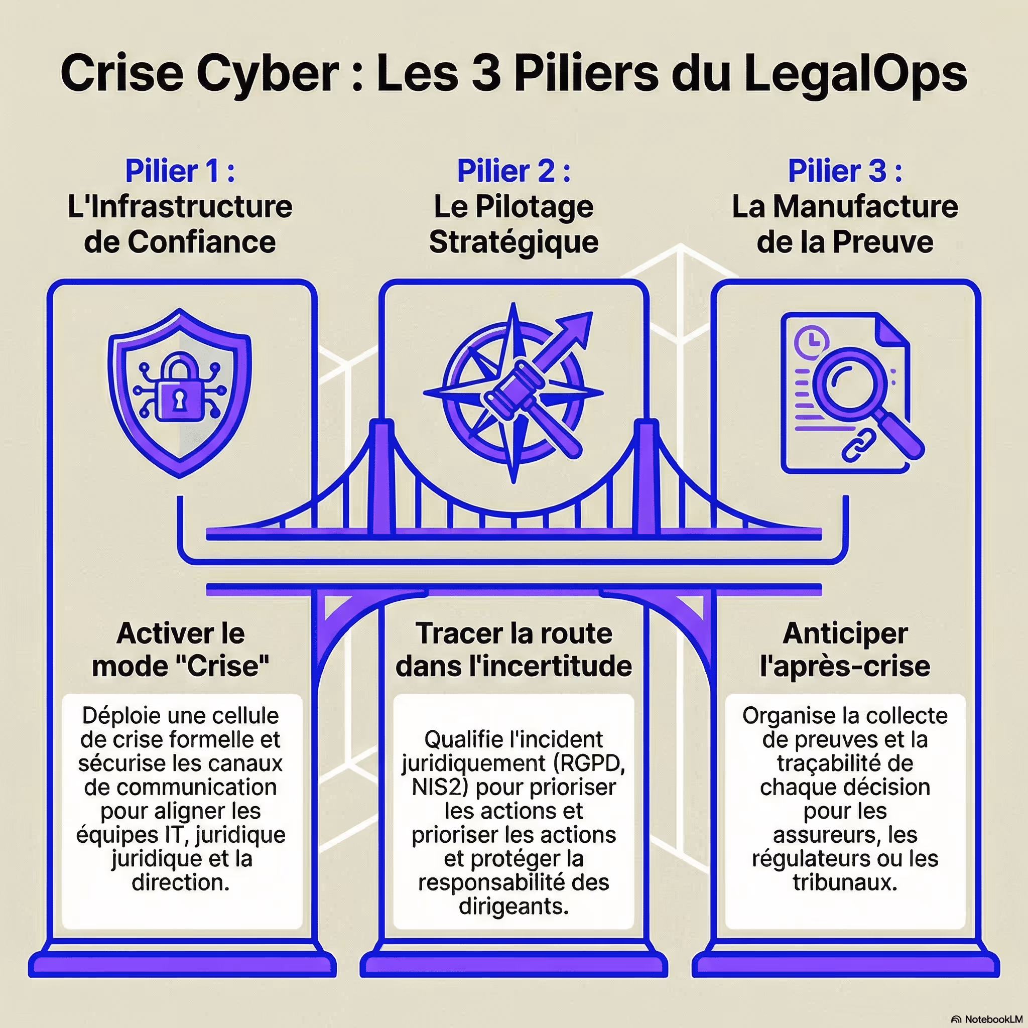 alt="Infographie intitulée 'Crise Cyber : Les 3 Piliers du LegalOps'. Pilier 1 : 'L'Infrastructure de Confiance' pour activer le mode 'Crise', déployer une cellule de crise et sécuriser les canaux. Pilier 2 : 'Le Pilotage Stratégique' pour tracer la route, qualifier l'incident (RGPD, NIS2) et protéger les dirigeants. Pilier 3 : 'La Manufacture de la Preuve' pour anticiper l'après-crise, organiser la collecte de preuves et la traçabilité des décisions pour les assureurs et régulateurs.