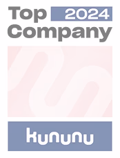 Kununu Top Company 2024 Logo auf rosa Hintergrund mit weißem Symbol.