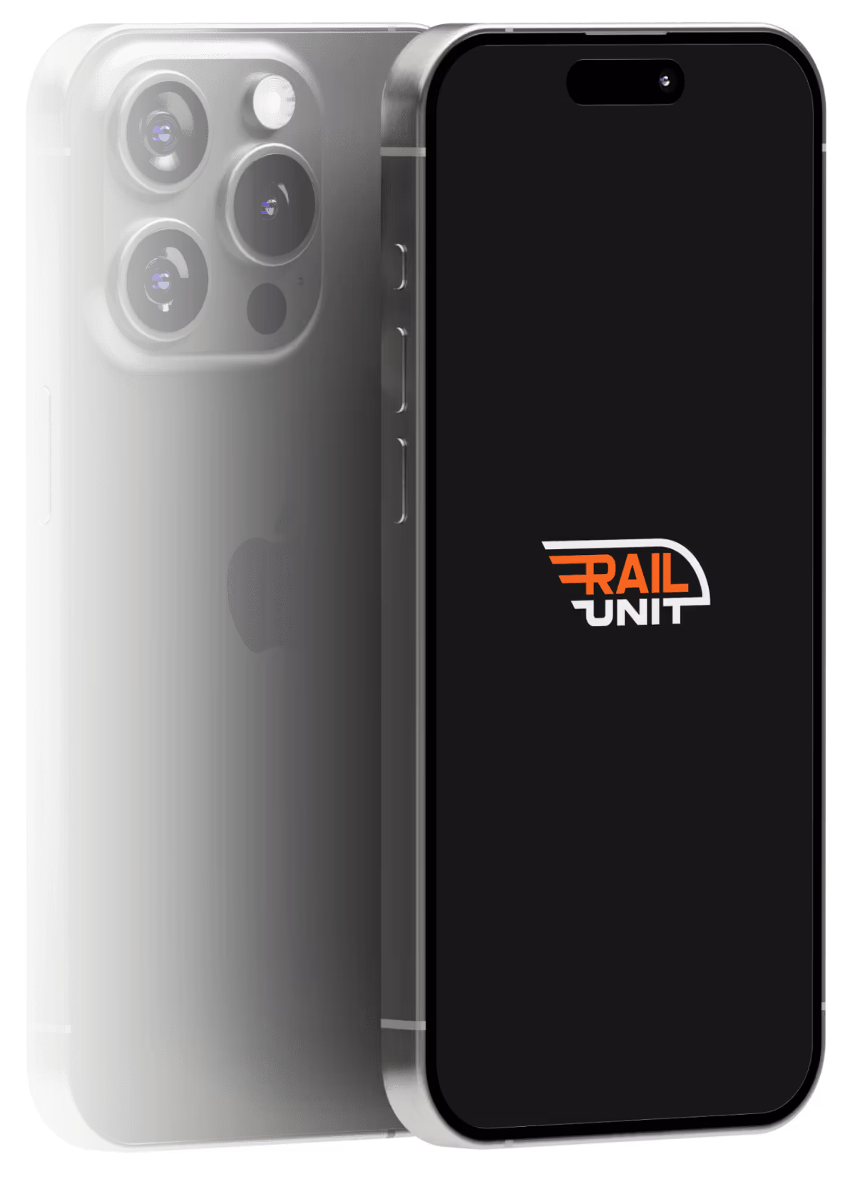 Schwarzes Smartphone mit drei Kameras und mattem Metallgehäuse, Display zeigt "Rail Unit" Logo.