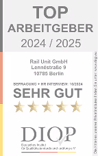 Auszeichnung "Top Arbeitgeber 2024/2025" für Rail Unit GmbH, Berlin mit Bewertung "Sehr Gut" und 5 Sterne.