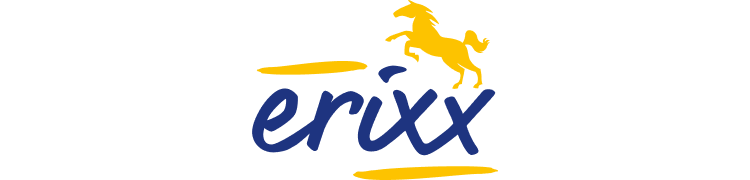 Erixx Logo mit gelbem Pferd über blauem Schriftzug und gelben Linien.