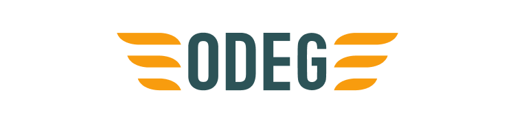 ODEG-Logo mit orangefarbenen Flügeln links und rechts des Textes auf transparentem Hintergrund.