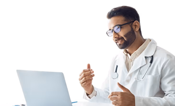 A doctor speaking with someone over the computer