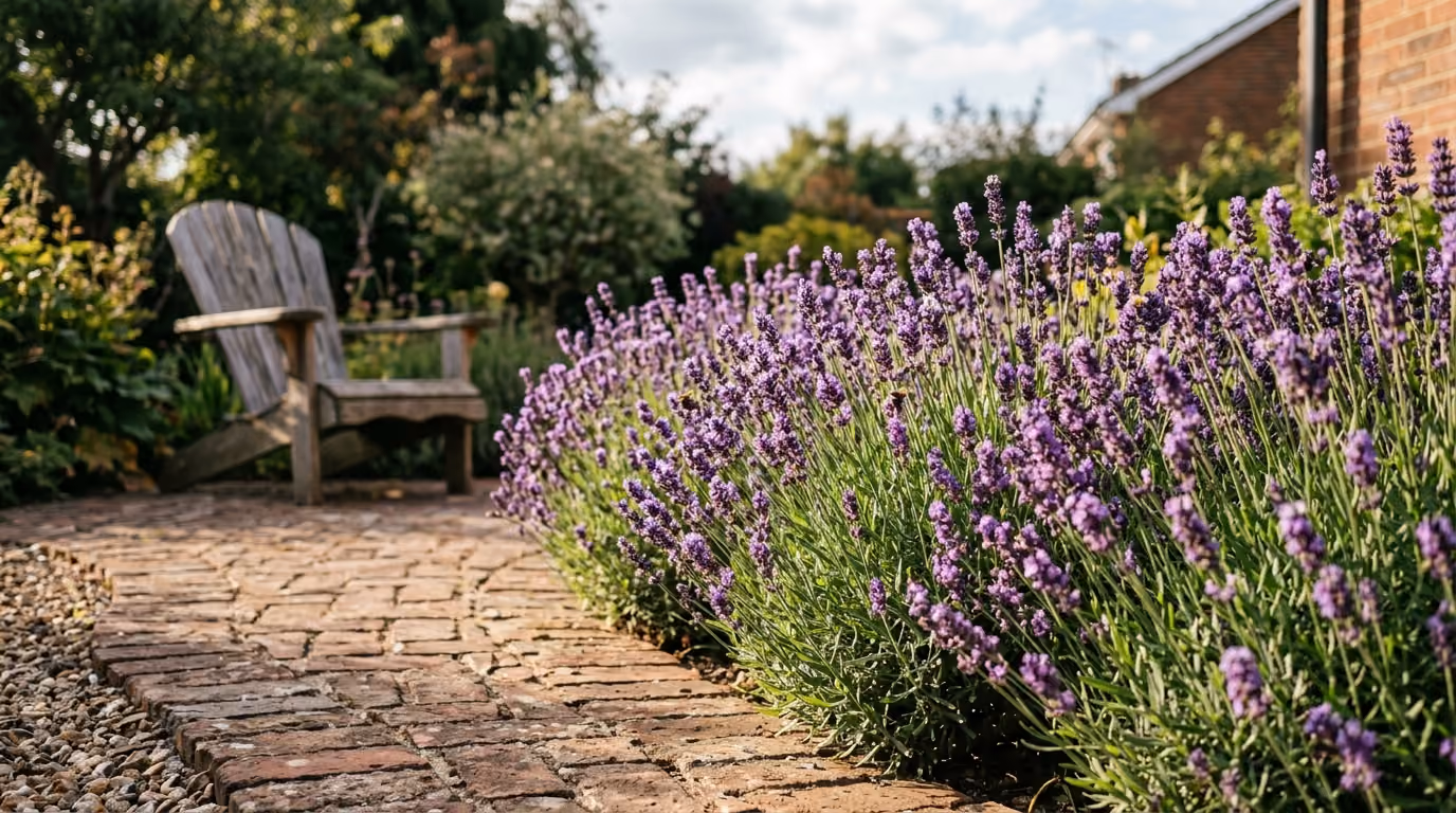 Lavender plants in full purple bloom line a brick garden path leading to a weathered wooden Adirondack chair.