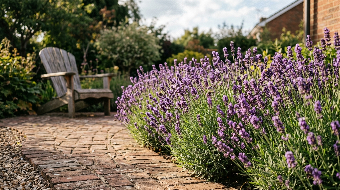 Lavender plants in full purple bloom line a brick garden path leading to a weathered wooden Adirondack chair.