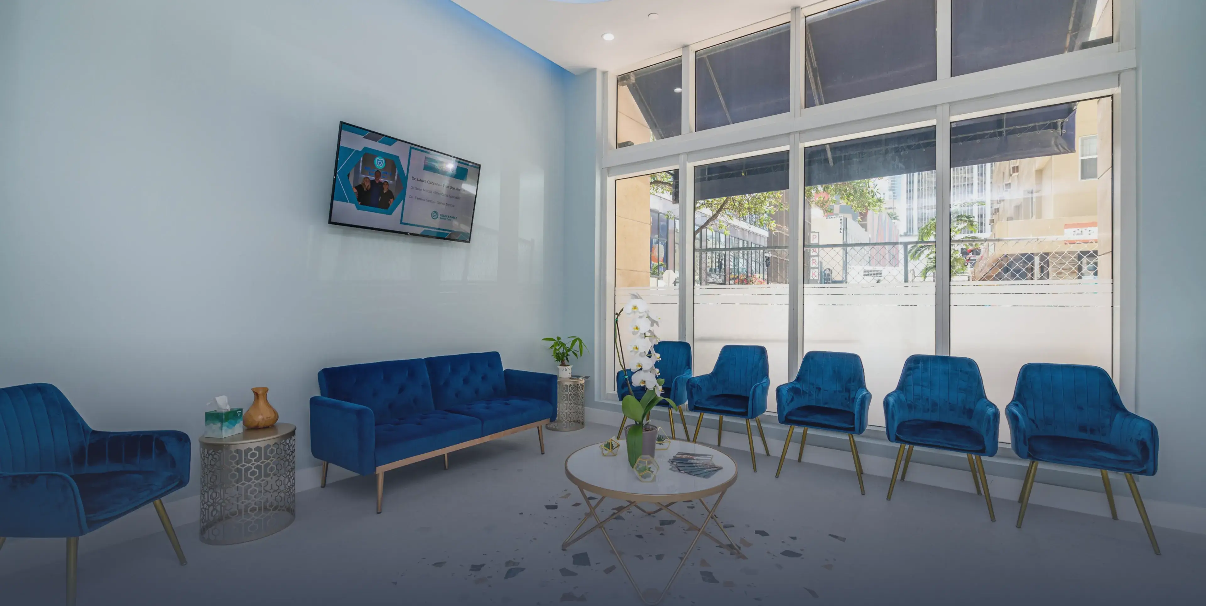 Modern waiting room with blue velvet chairs and sofa around a white round table with orchids, large windows letting in natural light, and a wall-mounted TV.