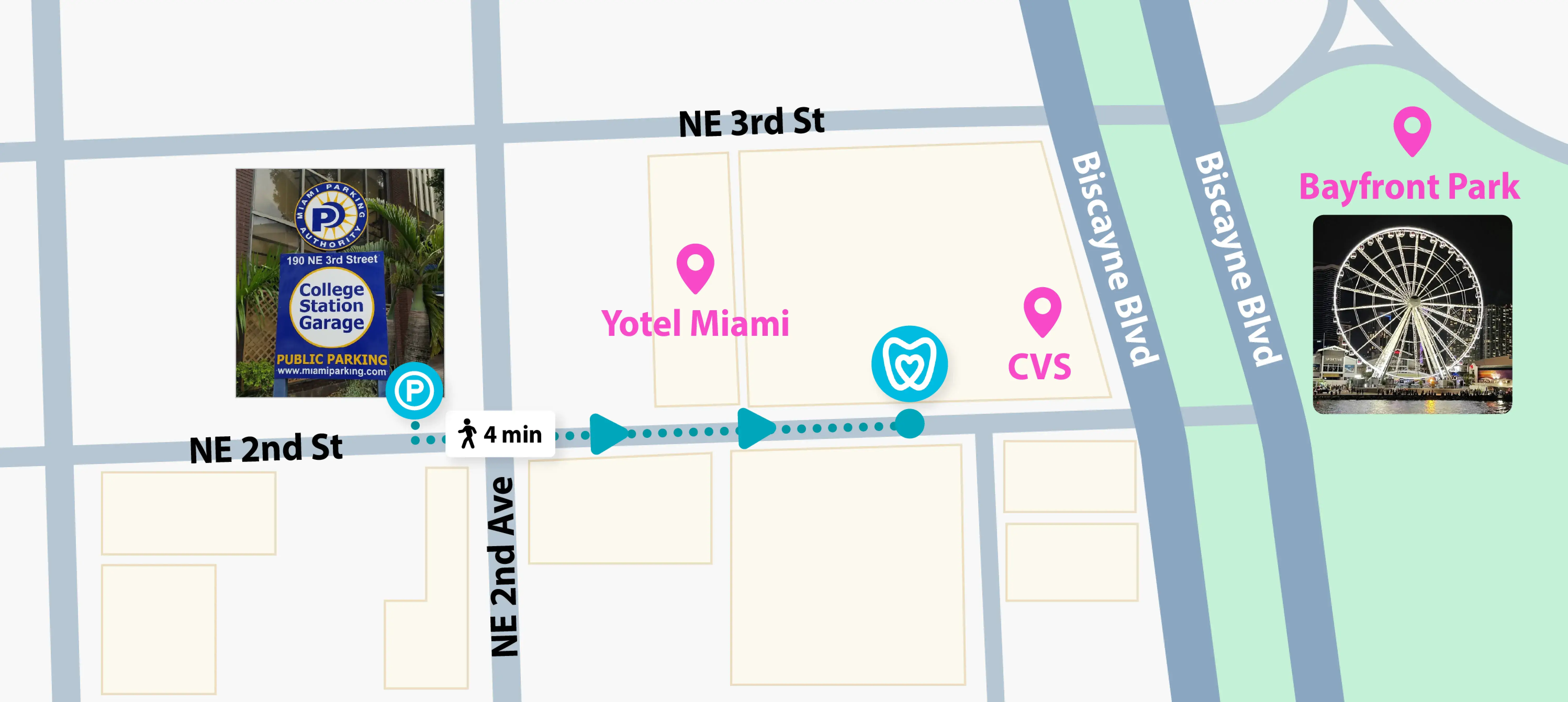 A dentist shows a patient and assistant an X-ray on a screen in a dental office.