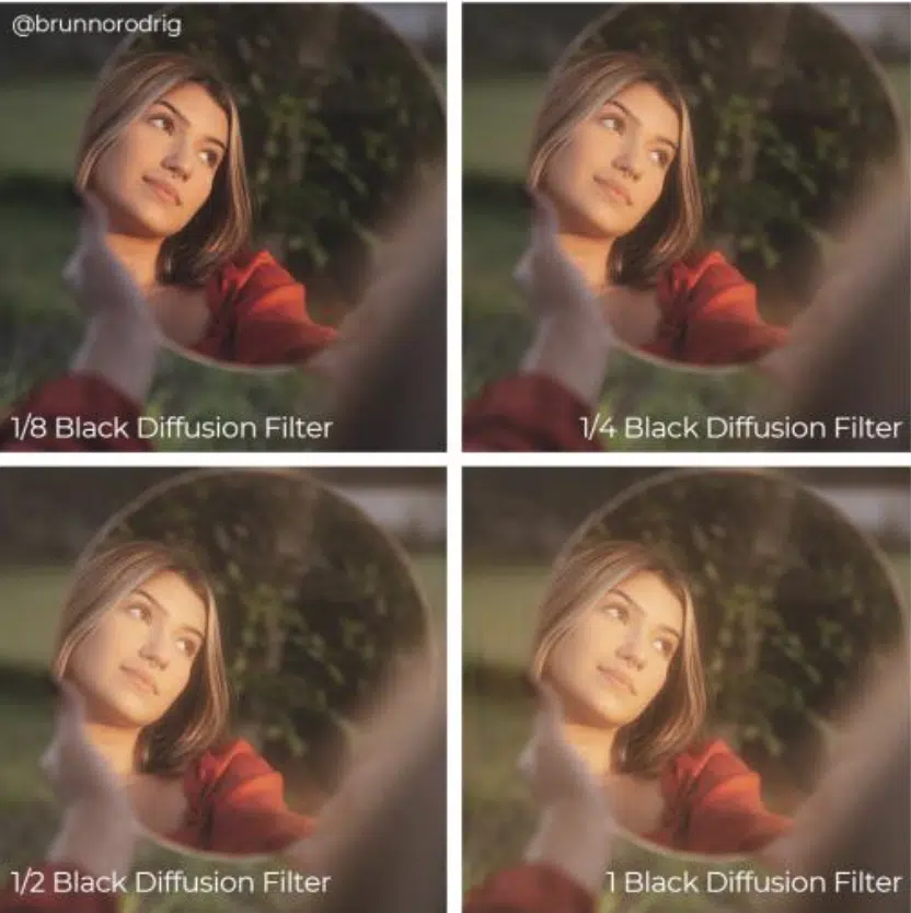 Comparaison des effets du filtre Black Diffusion 1/8, 1/4, 1/2 et 1 sur un portrait en lumière naturelle.