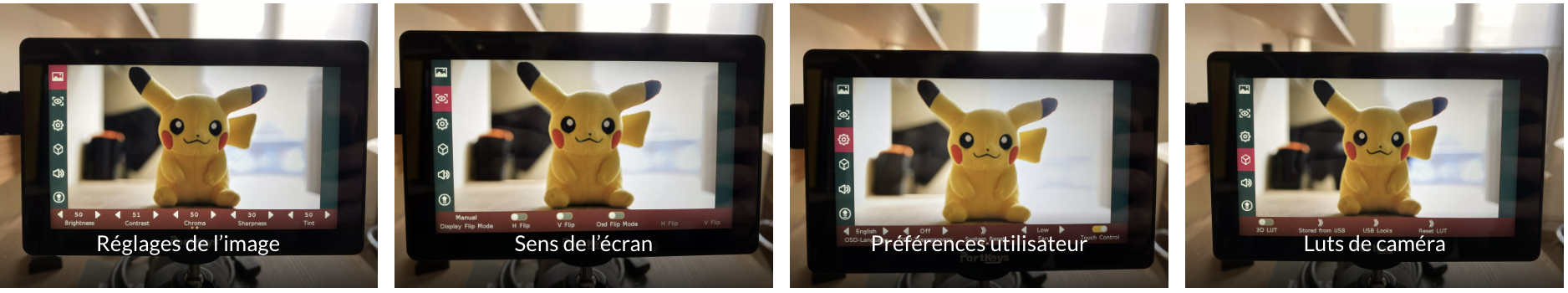 Exemple des menus de configuration d’un moniteur vidéo avec Pikachu : réglages de l’image, sens de l’écran, préférences utilisateur et LUTs de caméra.
