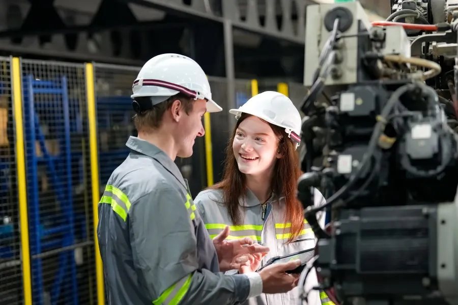 Industrial workers in helmets talk at the machine in the production hall.