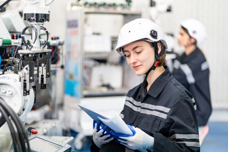 A worker in a helmet reviews the documentation at the machine in the production hall; a second person in the background.