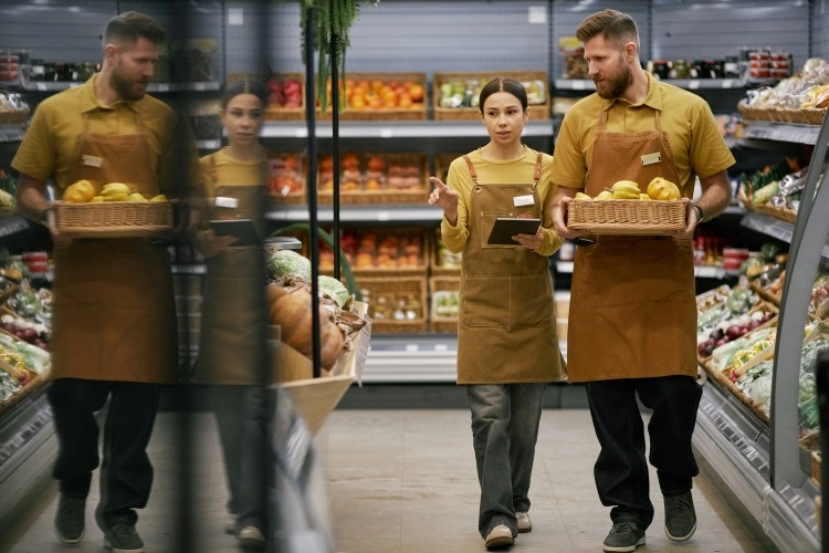 Overview of the exposition in the market - an employee notes on a tablet, a co-worker with a basket of fruits; in the background shelves with vegetables and a reflection in the glass.