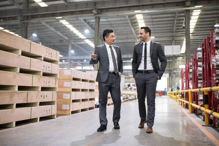 Interior of the warehouse: two managers walk and discuss between shelves with goods.