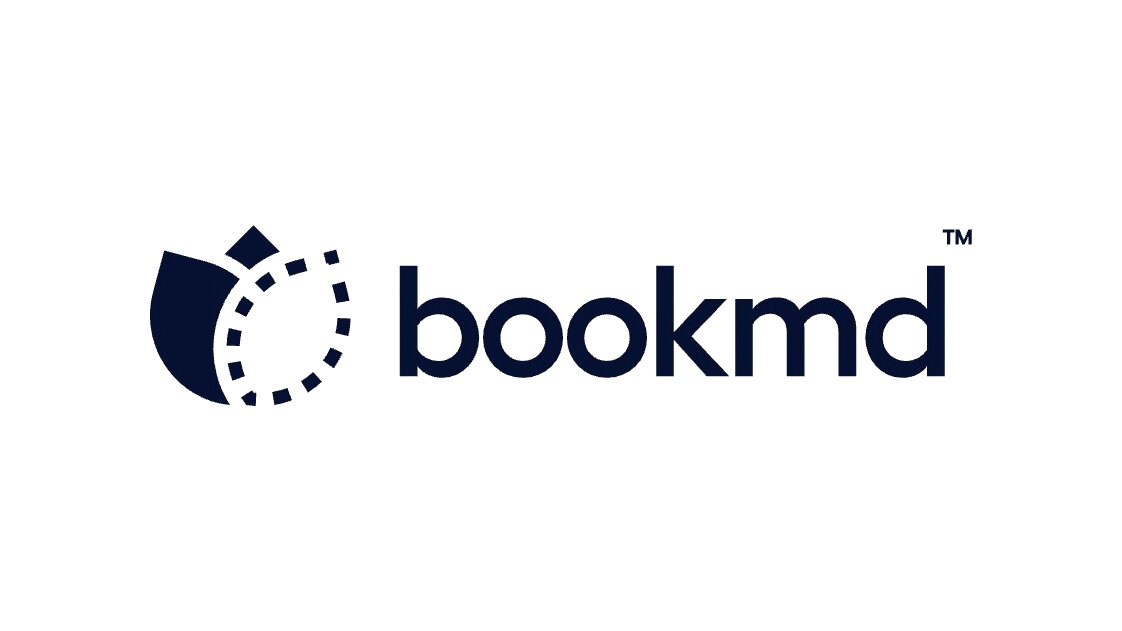 The logo features a stylized flower-like icon and the word "bookmd" in a dark blue sans-serif font, with a "TM" symbol in the upper right corner.