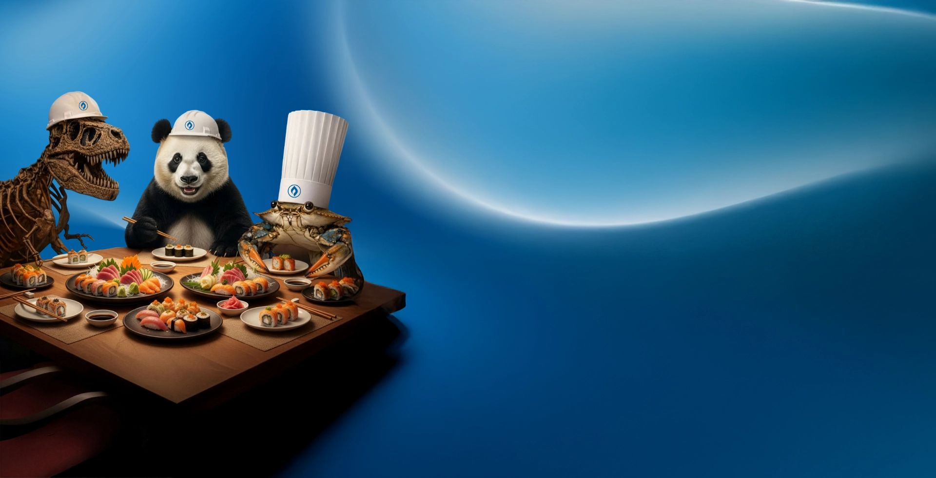 A sushi dinner with a skeleton dinosaur, a panda, and a crab wearing chef hats sitting at a table with various sushi platters.