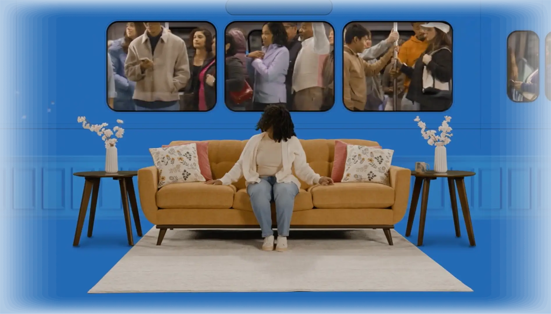 Woman sitting on an orange sofa with floral and striped pillows, flanked by side tables with white flower vases; blue wall behind shows windows with people inside a crowded train.