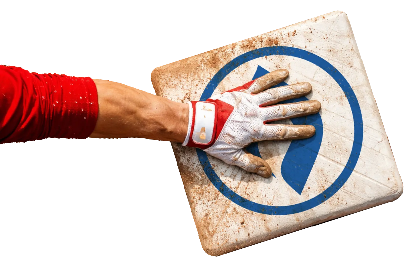Baseball player's gloved hand touching a dirt-stained base on the field.