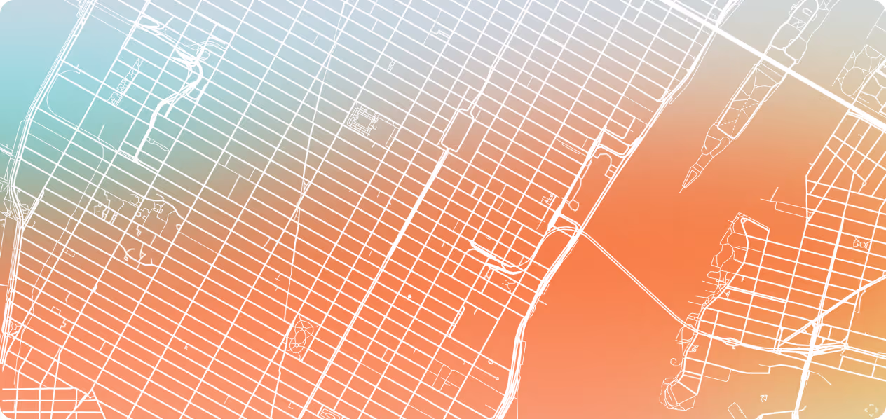 Stylized map showing a city grid with streets and waterways, presented in a gradient background from blue to orange.