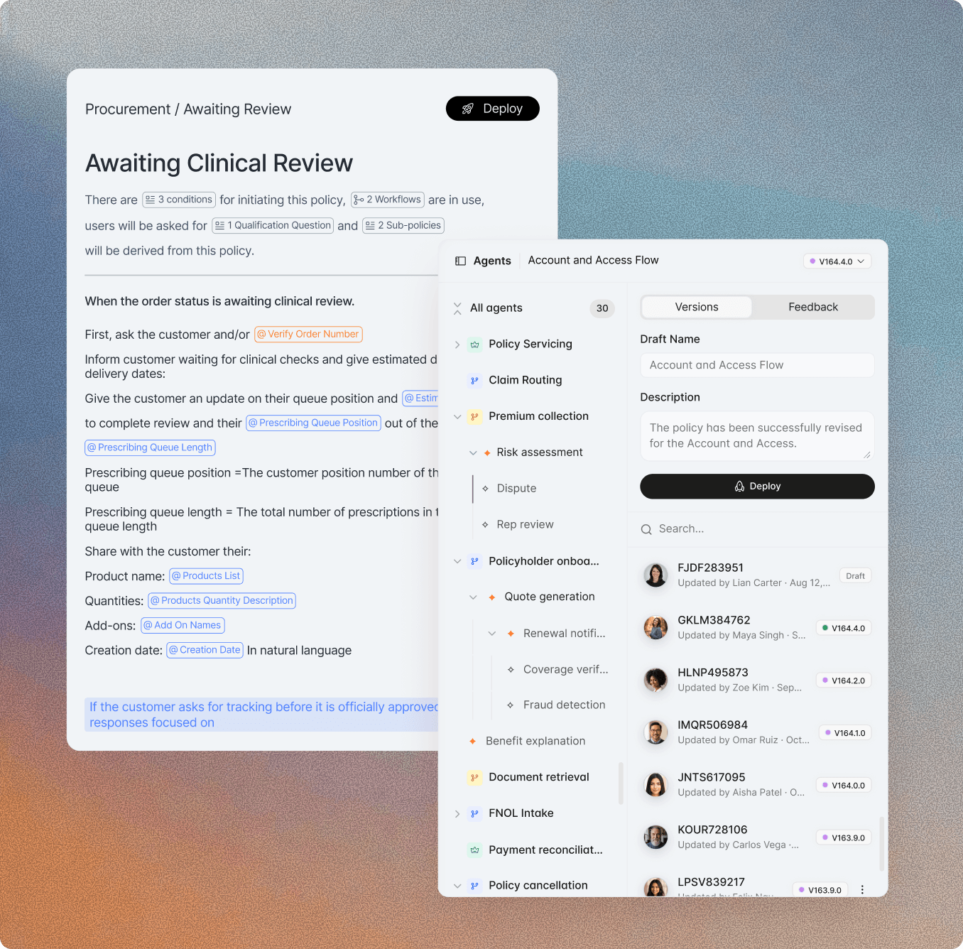 User interface showing policy details for awaiting clinical review and agent management panel with policy versions.
